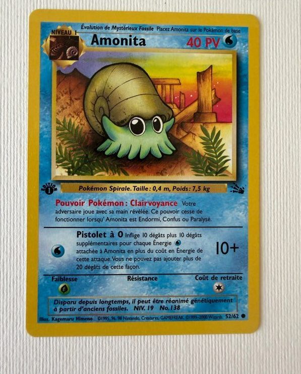 Vraie carte Pokémon Amonita Fossile 1re édition française authentique
