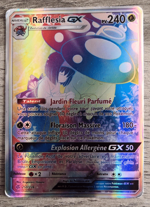 Fausse carte Pokémon Rafflesia GX Rainbow Rare contrefaçon